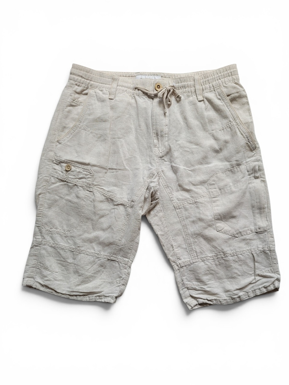 Linen Blend Cargo Drawstring Shorts in Ecru Small